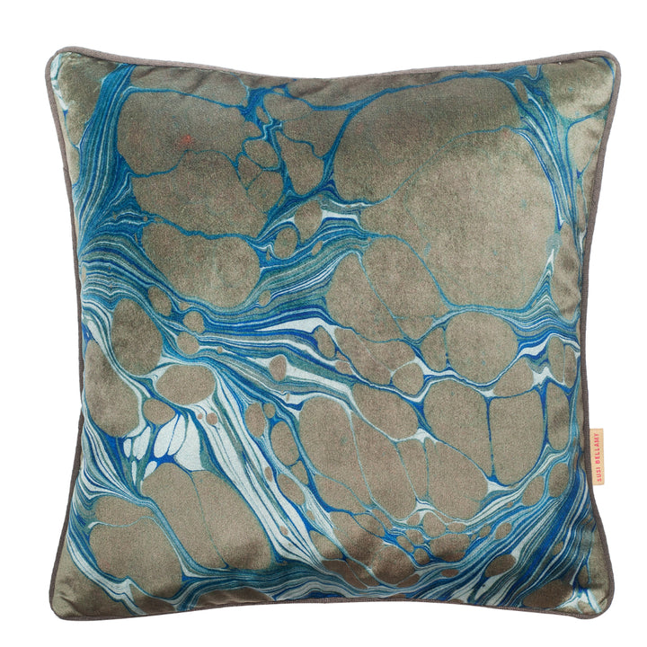 Blue and Grey Marbled Velvet Square Cushion *Sample*