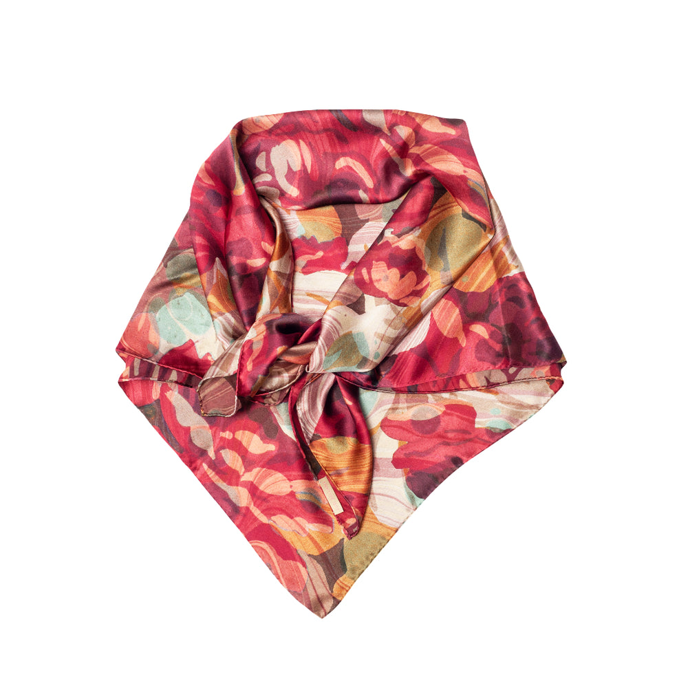 Autumn rose marbled rose silk scarf tied into square silk shawl