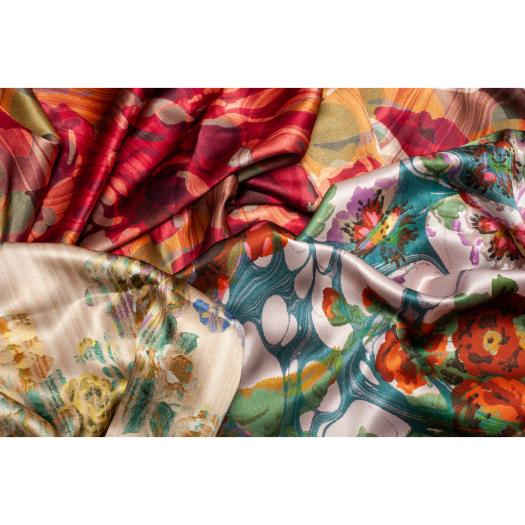 Best luxury silk scarves by Susi Bellamy - Autumn Rose Marbled, Blue Rose Marbled, Yellow Stripy Rose