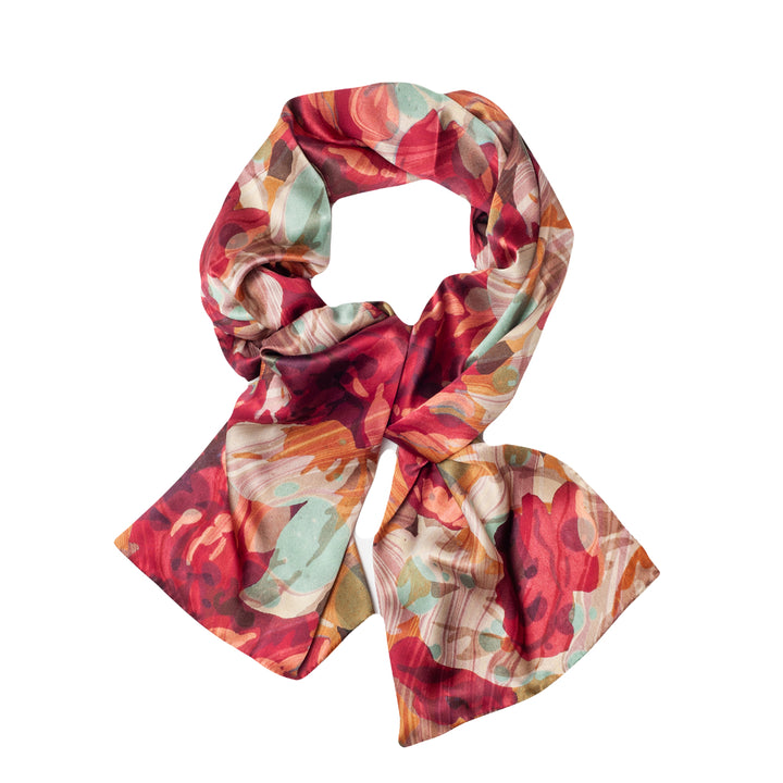 floral print silk scarf tied into knot