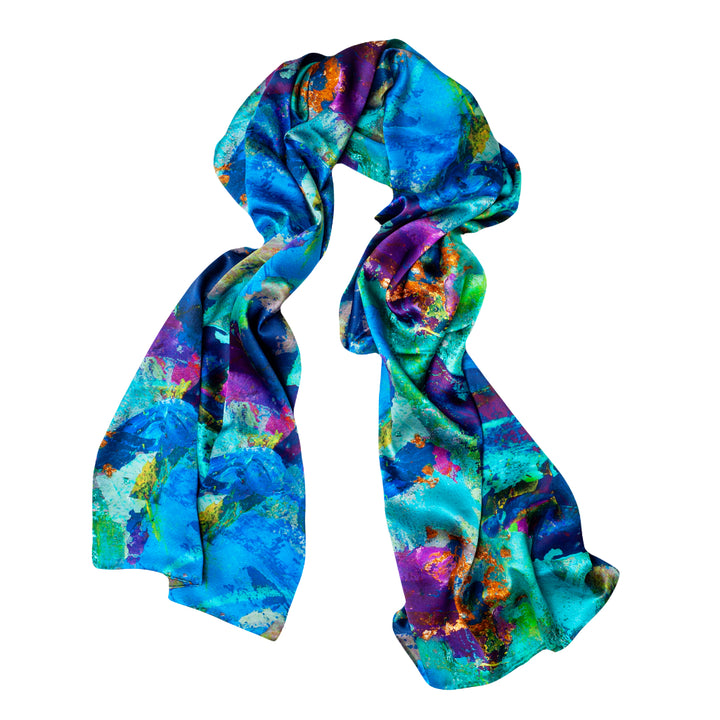 Azure abstracts blue, green and purple designer silk scarf