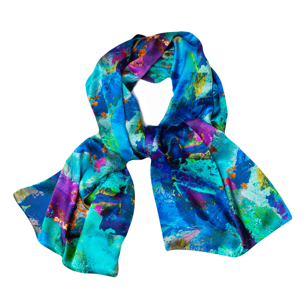 Azure abstracts blue patterned silk scarf