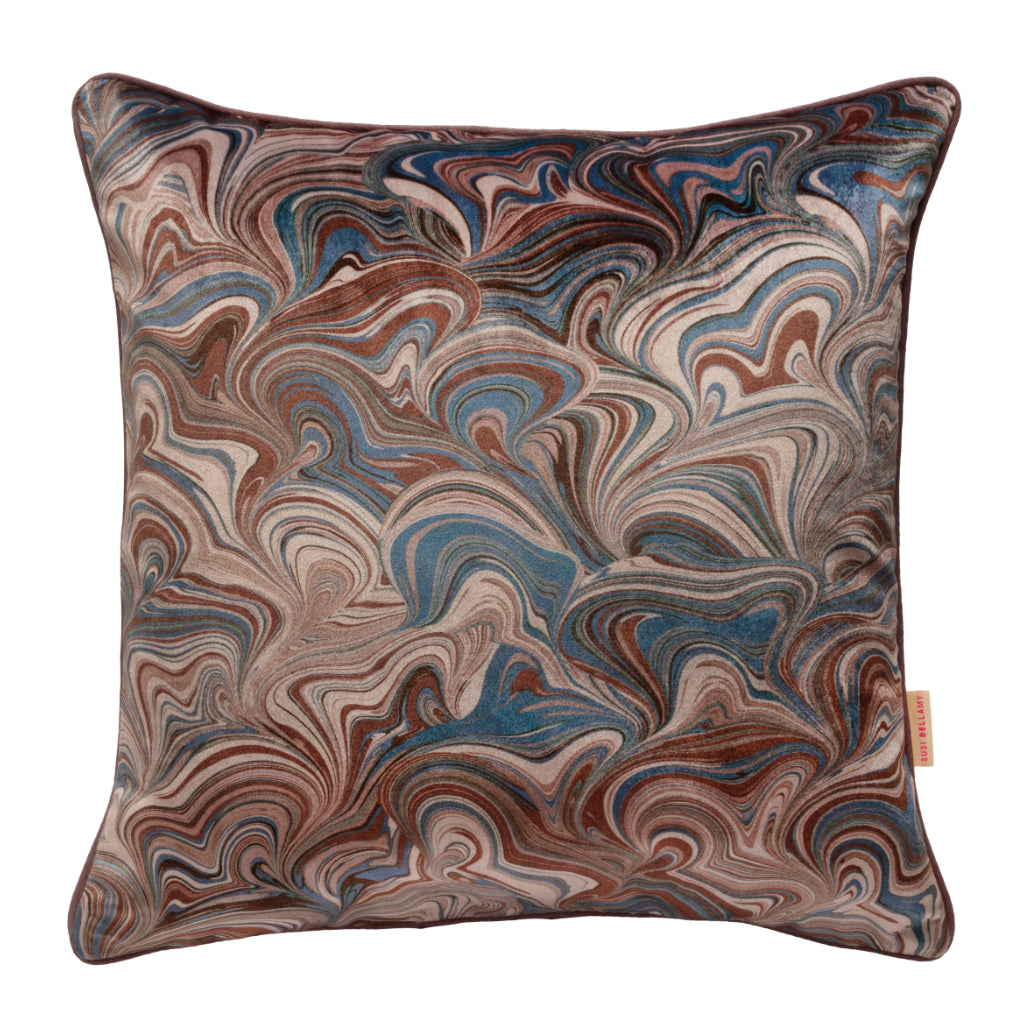 Cerulean bendy bouquet blue and brown pattern cushion