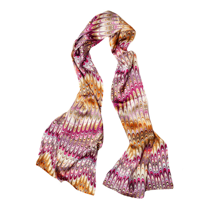 Dahlia Plumes pink and ochre yellow patterned silk scarf