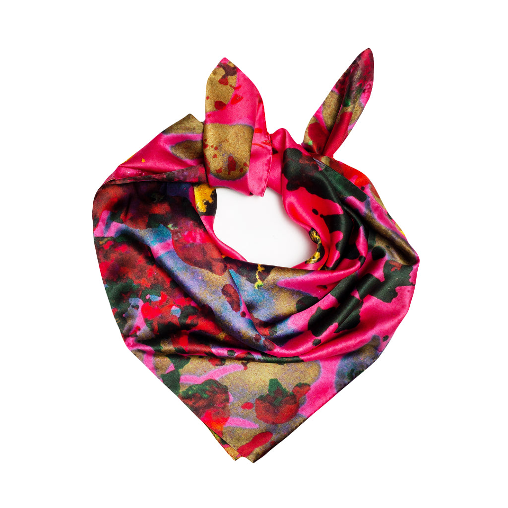 Pink foliage silk square patterned scarf