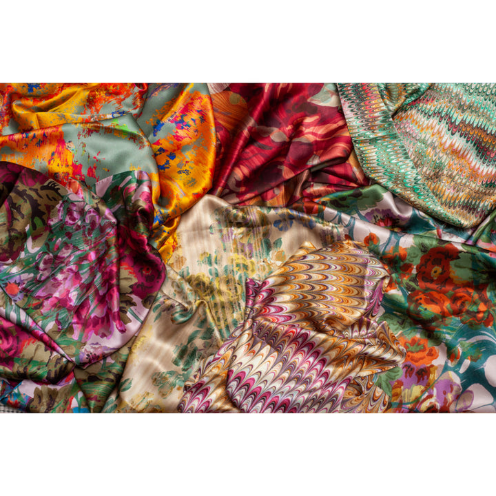 Best luxury silk scarves from Susi Bellamy - Pink Rose Marbled, Grey Stucco, Autumn Rose Marbled, Multi Plumes, Blue Rose Marbled, Dahlia Plumes, Yellow Stripy Rose