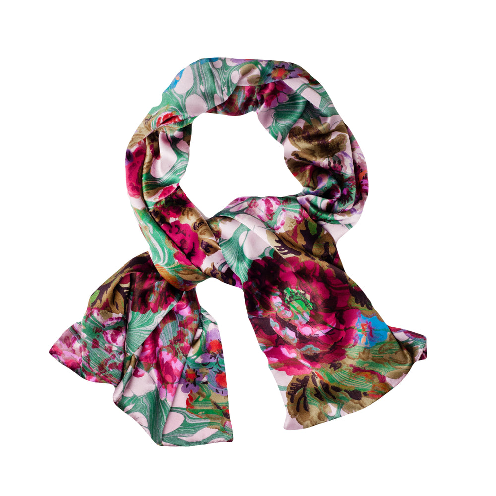 pink rose marbled designer silk scarf tied into knot 