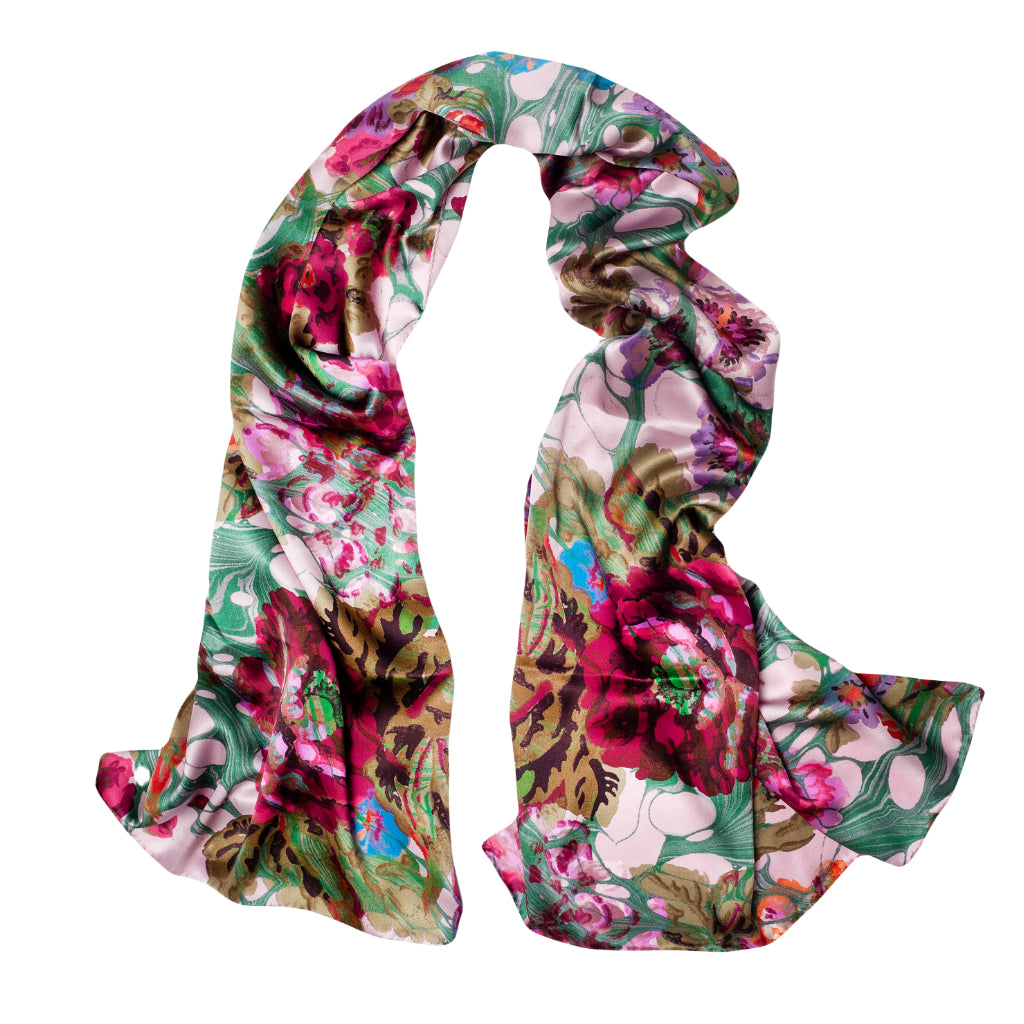 Pink rose marbled pink, blue and green floral silk scarf