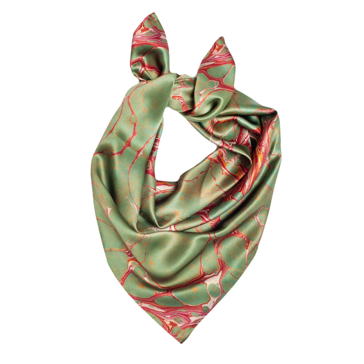 Sage marbled green and red satin scarf