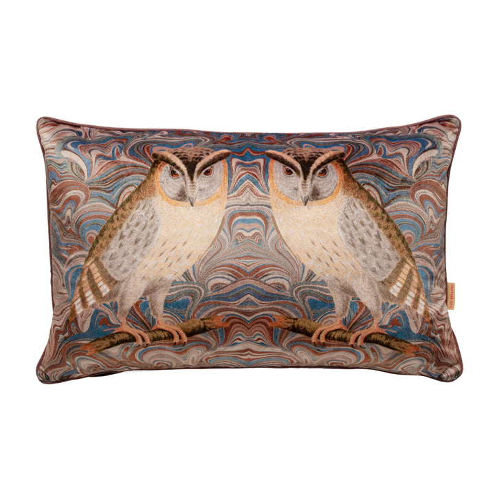 Cerulean Twin Owl Velvet Large Oblong Cushion